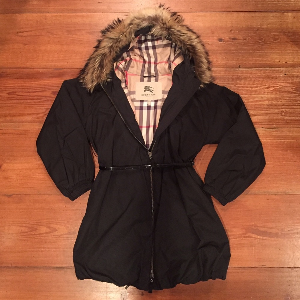 Authentic Burberry London raccoon fur trim coat